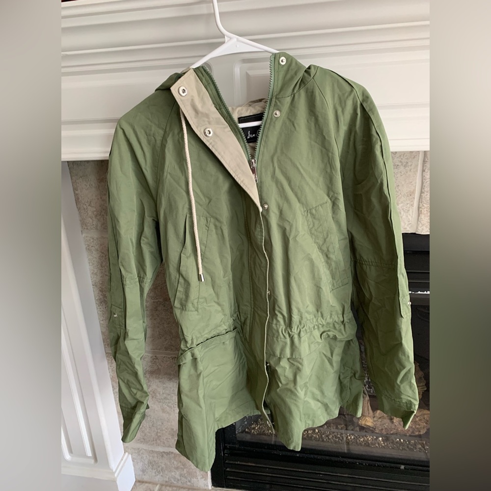 Sam Edelman green hooded raincoat, size small.